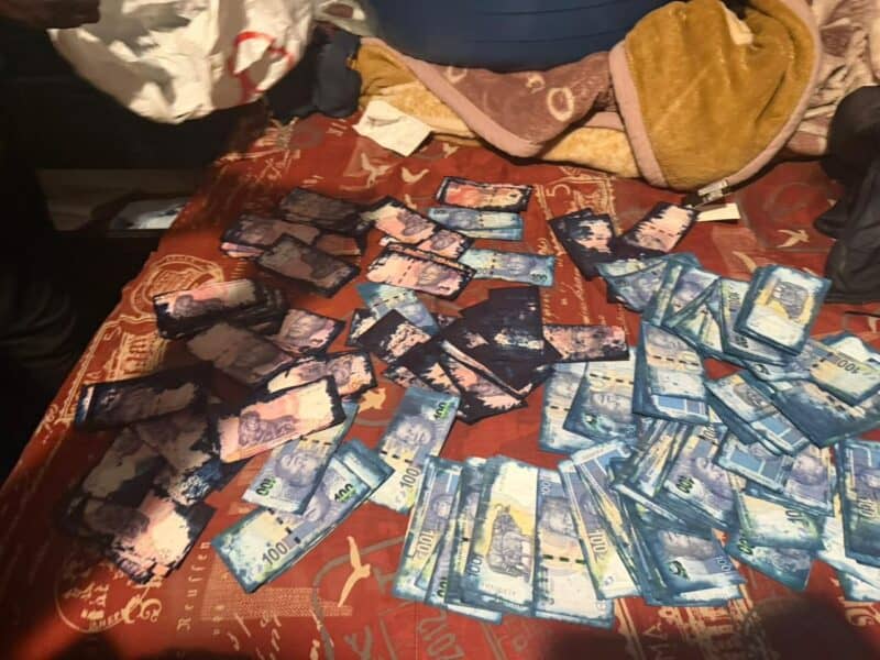 Colorful illustrated cards and paper notes scatter across a red patterned blanket, surrounded by clothing and plush items in a cluttered scene.