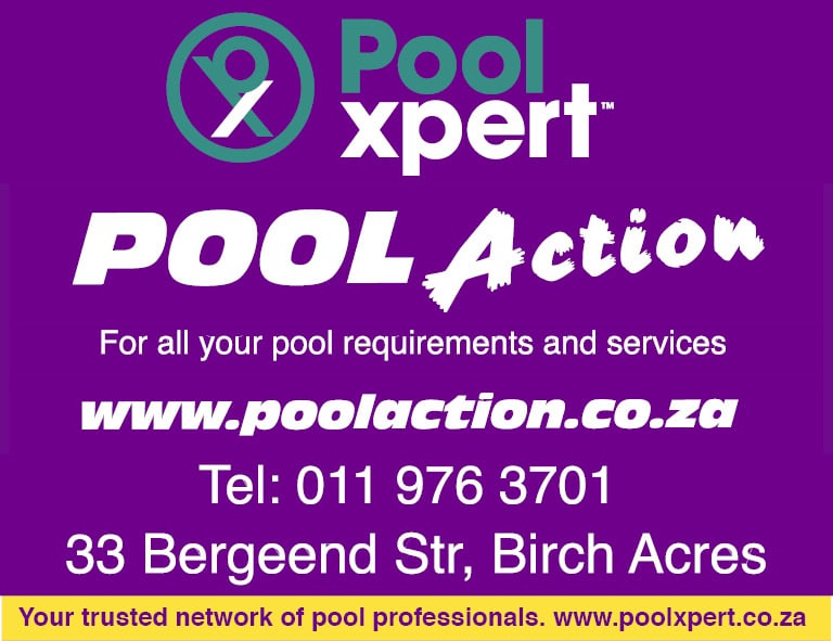Purple Pool Action advertisement featuring Pool Xpert logo, pool services, website, phone number, and Birch Acres address; trusted, professional tone.