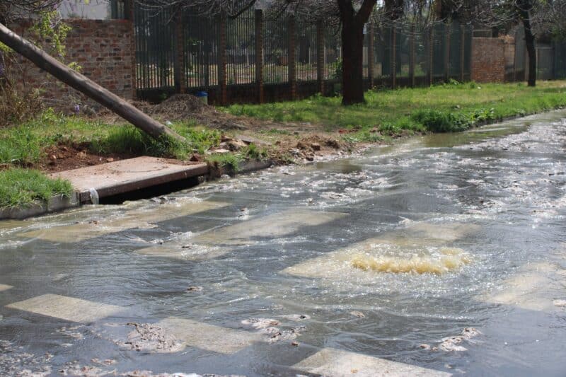 Fast-flowing sewerage water rushes along a city street beside a grassy park, splashing around a fallen branch and curb; the scene feels urgent.
