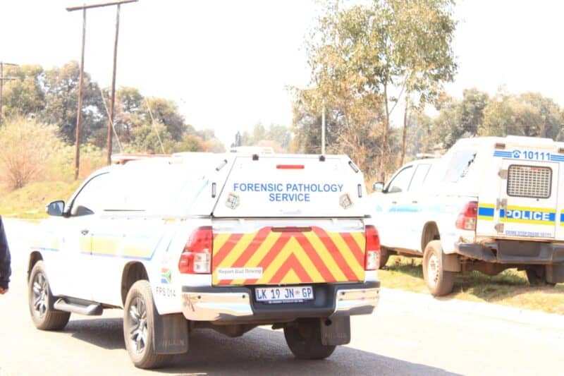 Forensic pathology service pickup with red-yellow chevrons parked beside a police vehicle on a rural roadside, creating a somber scene.