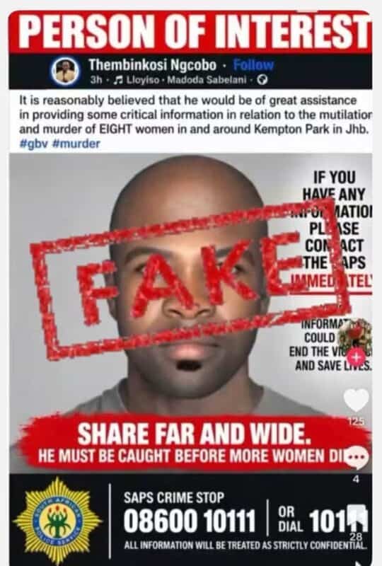 Social media crime poster naming Thembinkosi Ngcobo, stamped “FAKE,” with murder allegations, police hotline numbers, and an urgent cautionary tone.