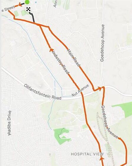 The race starts on Pearce Street and ends inside the oval at Olifantsfontein Sports Ground.