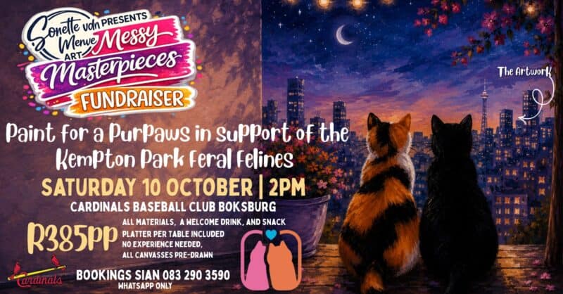 Colorful fundraiser poster shows two cats silhouetted against a twilight city, promoting an October 10 paint-and-sip event for Kempton Park feral felines.