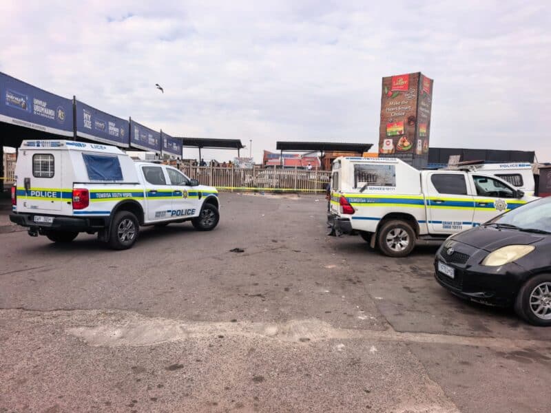 Two blue-and-yellow police vehicles are parked in a paved lot beside a market, with a civilian car in the foreground; the scene feels calm and watchful.