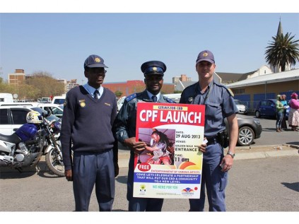 Ready to enjoy an afternoon of festivities at the Germiston CBD CPF launch held at Golden Walk Shopping Centre, last Thursday, are (from left): WO Thobela Thobejane, Capt Thomas Nkosi and WO Andre De Jager.