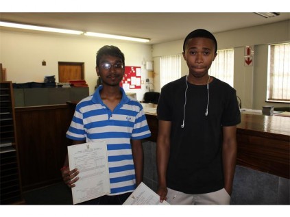 Tristan Odnampersad and Theo Moetse, from Hoërskool Primrose High, were among the matrics to collect their marks and matric certificates at the school, last Tuesday.