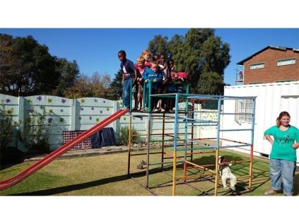 The children have fun on the jungle gym.