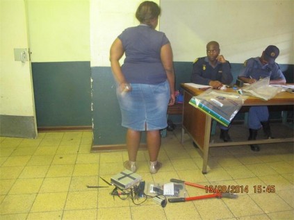 This woman was among six people arrested by the Germiston SAPS on Wednesday. They were in possession of a jamming device.