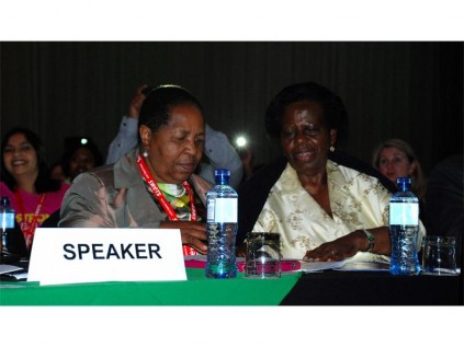 Ekurhuleni MMC for Arts and Culture Clr Zeni Tshongweni (left) and Deputy Minister Rejoice Mabudafhasi exchange notes at the opening of the 16th Annual LIASA Conference, at the Birchwood Hotel in Boksburg, recently.