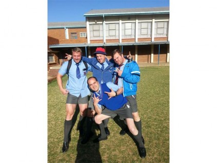 Acting the part at the recent heritage celebrations, at Primrose High School, when teachers could dress in school uniform are, back (from left): Werner Neveling, Emile Gouws and Werner Smith. Front: Jacques du Plessis.