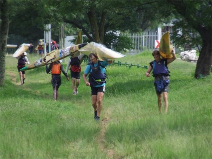 Bernhard Kloss (left), from Victoria Lake Canoe Club, made it home as the fourth veteran.