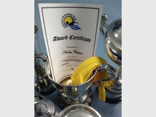 Some the trophies Nadia Calore received at the Alberton Swimming Club’s 2014/15 gala dinner prize giving.