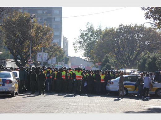 The street leading the Germiston Civic Centre was blocked by protesting Ekurhuleni Peace Corps members just moments before the 2015/2016 budget speech, on Thursday.