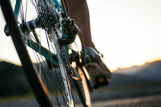 Closeup of a road cyclist riding towards sunset.