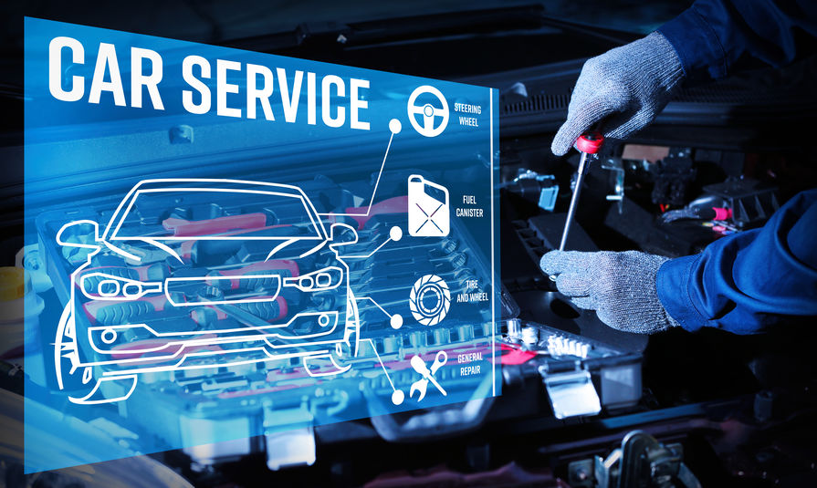 Interface of modern car diagnostic program on engine background. Car service concept.
