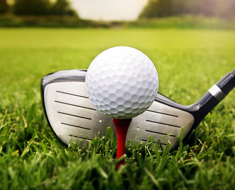 Golf club and ball in grass