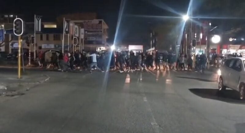 Protesters gathered in Germiston CBD, with increased police visibility as groups move through central streets.