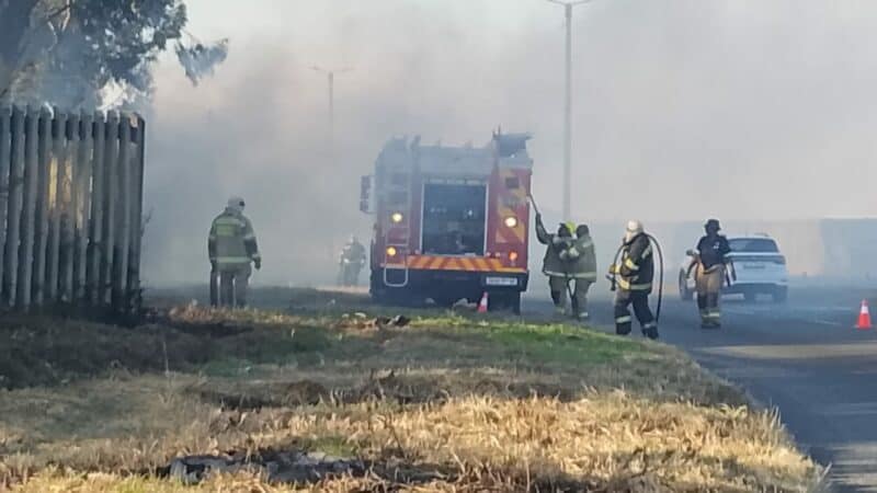 Thick smoke has reduced visibility for motorists, with emergency services on scene managing traffic and working to contain the blaze.