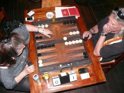 Keeping score... Seven-pointer backgammon keeps players stimulated.