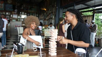 Friends playing Jenga