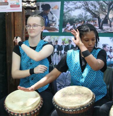 Amber Gallop and Gemma-Lee Wiltshire show their swap drum playing skill.