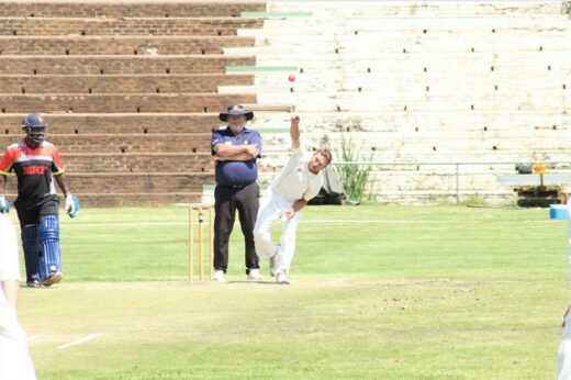 JP Brewis from the Roodepoort Cricket Club delivers a fast bowl.