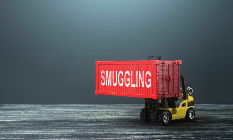 Forklift with smuggling of container. International trade smuggling. Illegal import of products, human trafficking, drug and weapon traffic. Transportation of prohibited goods. High corruption