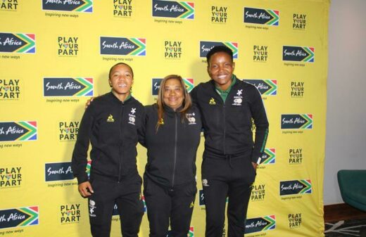 Nthabiseng Majiya, Desiree Ellis and Andile Dlamini pose for a photo after the event. Photo: Duduzile Khumalo
