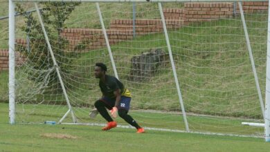 Crusaders goalkeeper Guelor Kazadi is ready to save.