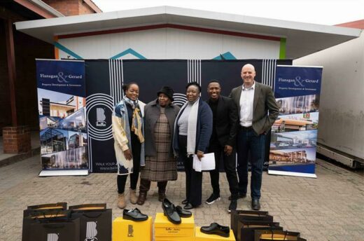 Nkateko Khoza, Thembakazi Giyama, Nonsikelelo Tsatsi, Cedrick Diphoko and Paul Gerard at the handover of the school shoes.