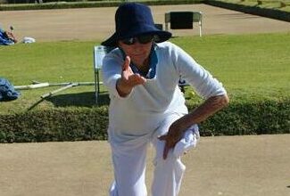 Pat Hawkey shows her bowling skills.