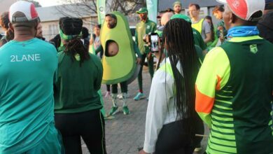 #Run4Avos mascot Jerry Mtonga runs through the rules for the event to nearly 80 runners in Sandton. Photo: Lebogang Tlou
