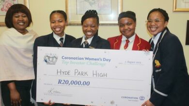 Head of Business Studies Hilary Sambo, with Inam Bantsawe, Nkatsane Dlamini, Karen Ndlovu, and Samukele Ngcobo happy to have won the coronation top investor challenge.
