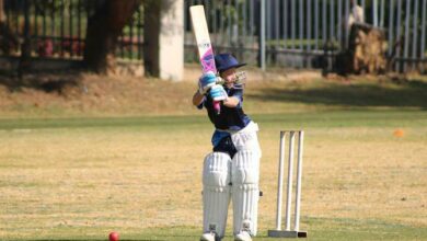 Alaric Askeland hits the ball with his bat. Photo: Duduzile Khumalo