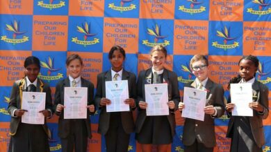 Yasthi Naidoo, Logan Aucamp. Dylanne Prevost, Sara Milic, Ethan Koen and Atidaishe Kawisi show their certificates after the National English Prepared Reading competition.