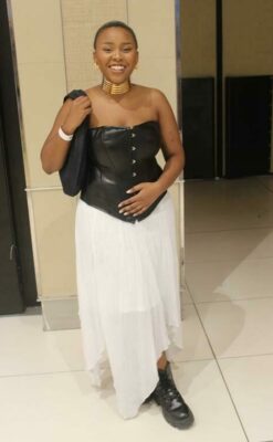 Fashion Designer Khensani Kubheka being her friendly, adventurous self on her solo-date in support of the arts in Sandton.