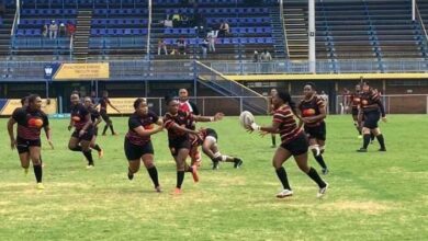 The Wanderers women's rugby team during a match, with the stands reflecting the concerns raised by Wanderers Club chairman Colin Warner about declining membership.