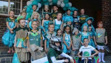 The best-dressed and most creative learners wished the Springboks success wearing uniforms made from recycled materials. Photos: Lebogang Tlou