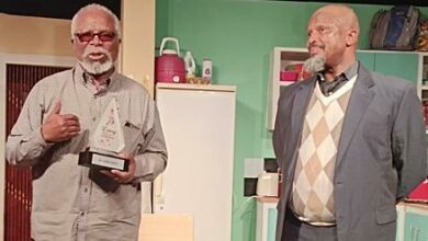 Maake KaNcube takes in John Kani's acceptance speech for the Kenny Majozi Award after the show. Photo: Lebogang Tlou