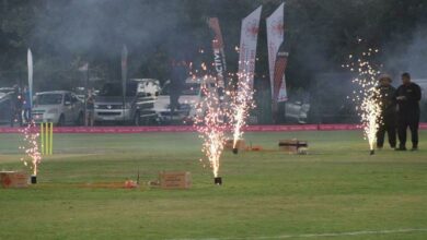 The Montrose Primary School Night Challenge opening ceremony was charactersed by fireworks which shot colours into the air and sparkled on the ground as players from all the schools ran with their school banners across the pitch. Photo: Lebogang Tlou
