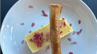 Mango frozen yoghurt with a pistachio and ginger phyllo cigar and fresh figs. Photo: Duduzile Khumalo