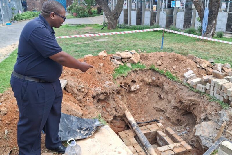 Sandton SPCA Stephen Maila points to the damaged borehole area that once provided thousands of litres of water daily for the shelter’s operations on November 5, 2025. Photo: Supplied