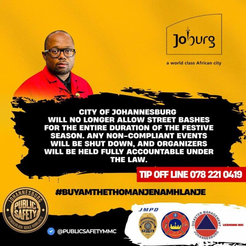 Unlicensed street parties are off the festive agenda in Johannesburg.