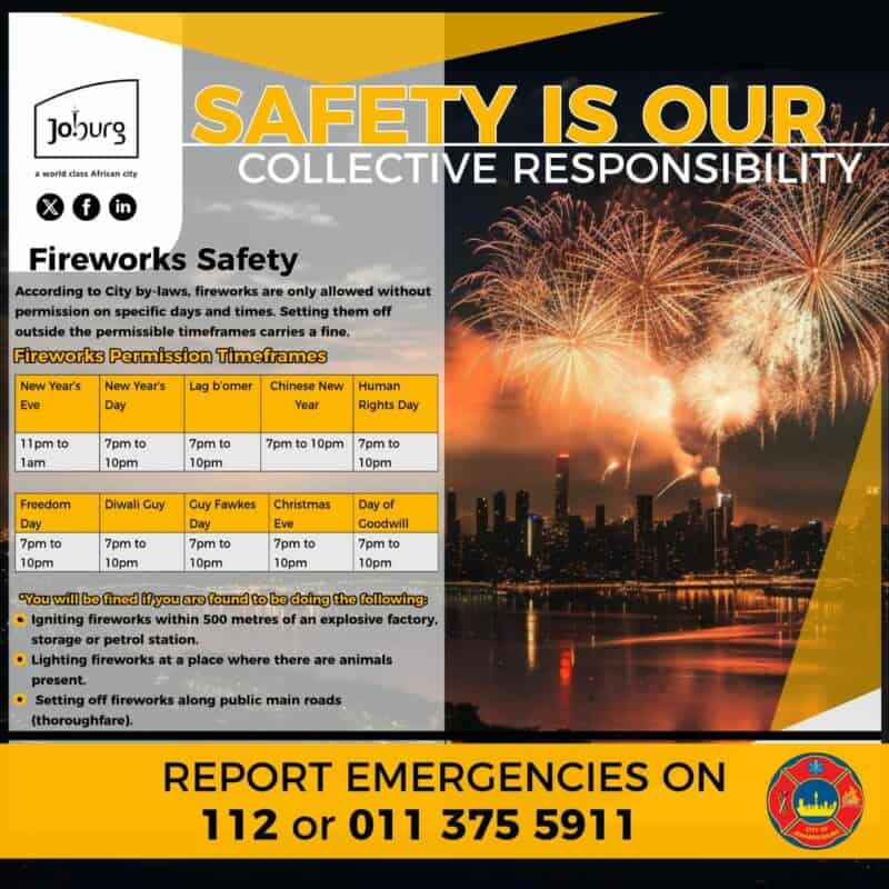 Ward 81 councillor Joanne Horwitz is calling on residents to stick to the City of Johannesburg’s fireworks regulations after a spike in complaints from Kew, Lyndhurst and surrounding areas, with many families worried about both community peace and the wellbeing of pets.