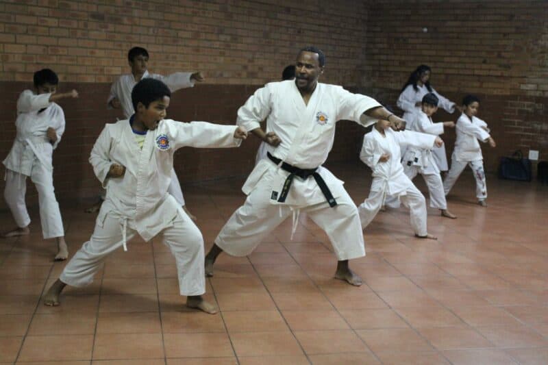 Sensei Dalson Seanego and karatekas practice punches during training in Marlboro Gardens on June 20, 2026.