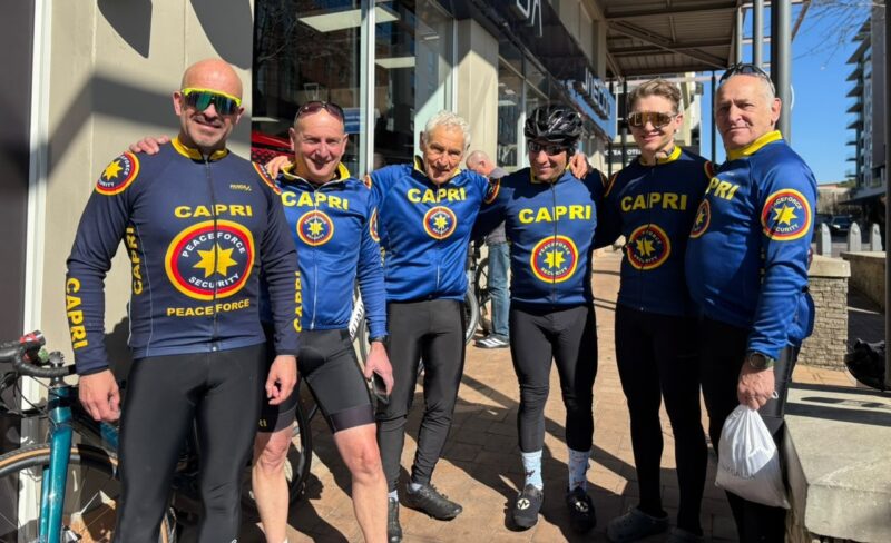 Carlos Mexeira, Selwyn Sanders, Stan Engelberg, Glen Silver, Shei Silver, and Barry Levin after their Sunday morning ride on July 5, 2026. Photo: Duduzile Khumalo
