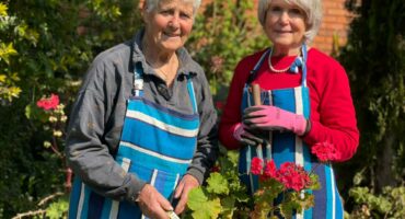 79-year-old volunteer gardeners Heidi Tietjens and Val Acher tend to the flower beds at Rosehaven Retirement Village on July 7, 2026.