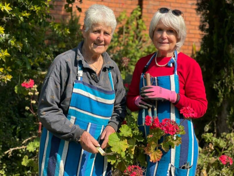 79-year-old volunteer gardeners Heidi Tietjens and Val Acher tend to the flower beds at Rosehaven Retirement Village on July 7, 2026.