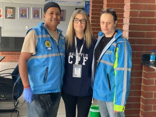 Sandton CPF members Rheneesh Ram, Lisa Greenblatt and Stacey Jones cleanup Sandton Police Station in commemoration of Nelson Mandela Day on July 18, 2026.