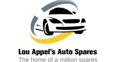 Logo for Lou Appel's Auto Spares featuring a stylized black-and-white car enclosed by grey curved swooshes with a yellow accent beneath.